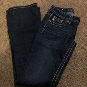 Miss Me boot leg jeans—cross patch